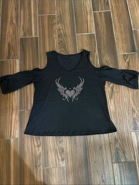 Black Womens Rhinestone Heart Wing Cold-Shoulder Top